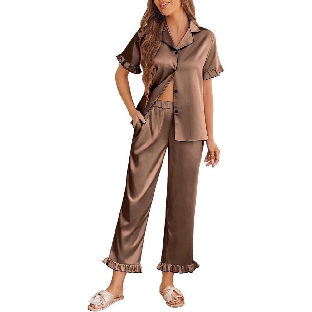 Silk Pajamas Women Short Sleeve Ruffle Set Satin Button Top Pants Loungewear